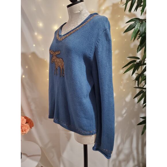 Vtg Christopher & Banks Hand Embroidered Moose Sweater Size XL Cabin Wool Blue - Picture 2 of 12